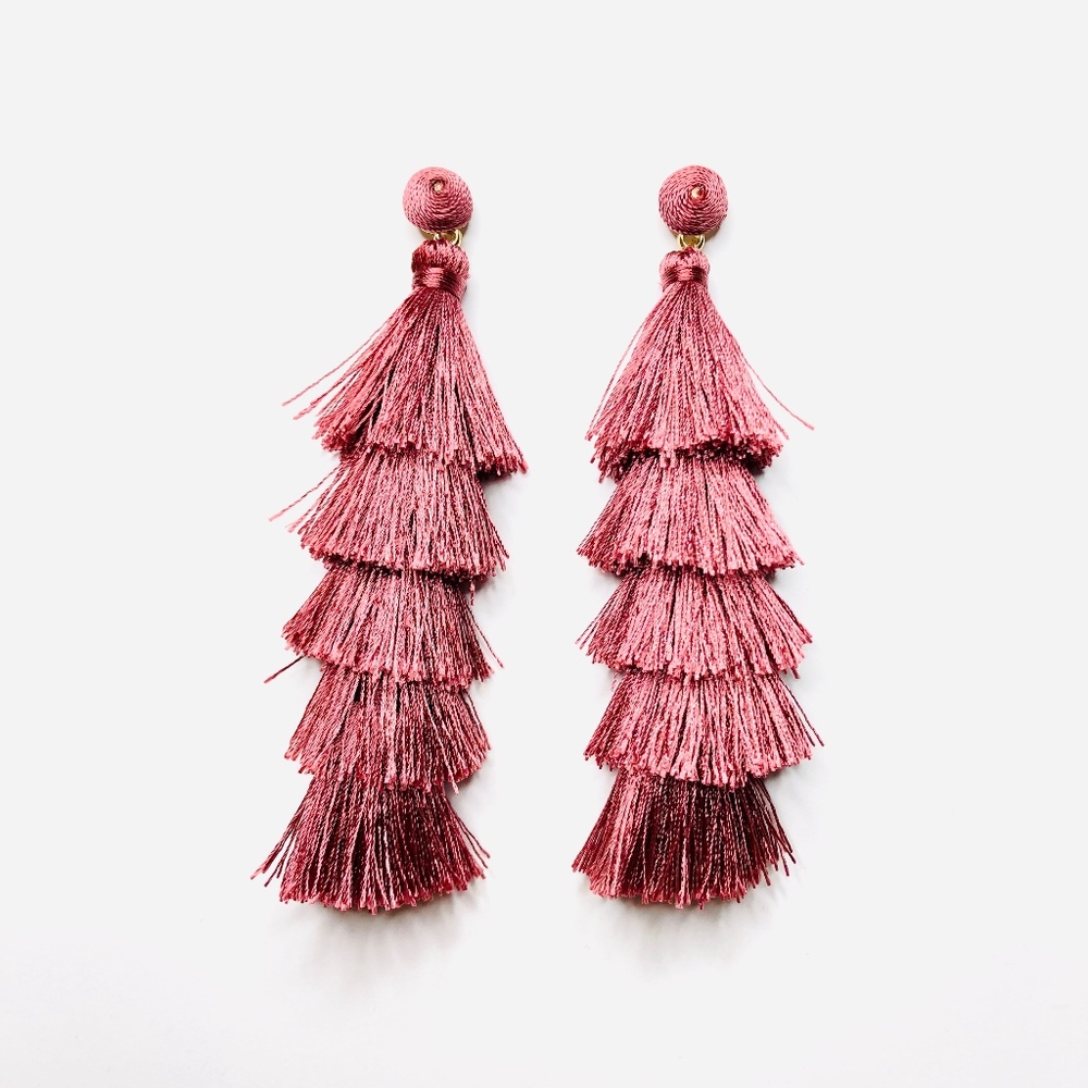 Naya Dusty Rose Tiered Tassel Statement Earrings - Picture 2 of 8